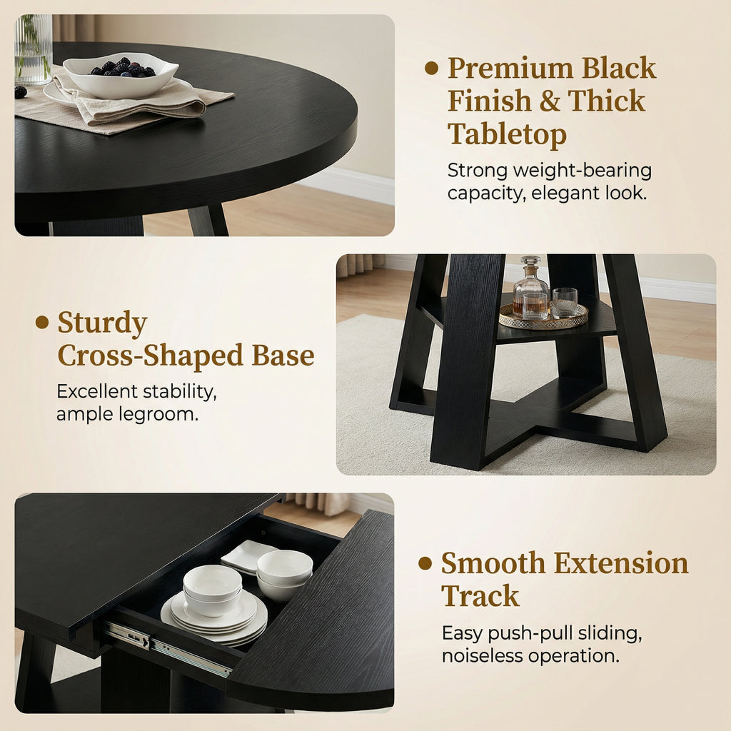 black 43–59″ Extendable Oval Dining Table with Storage Shelf - detail view of construction quality