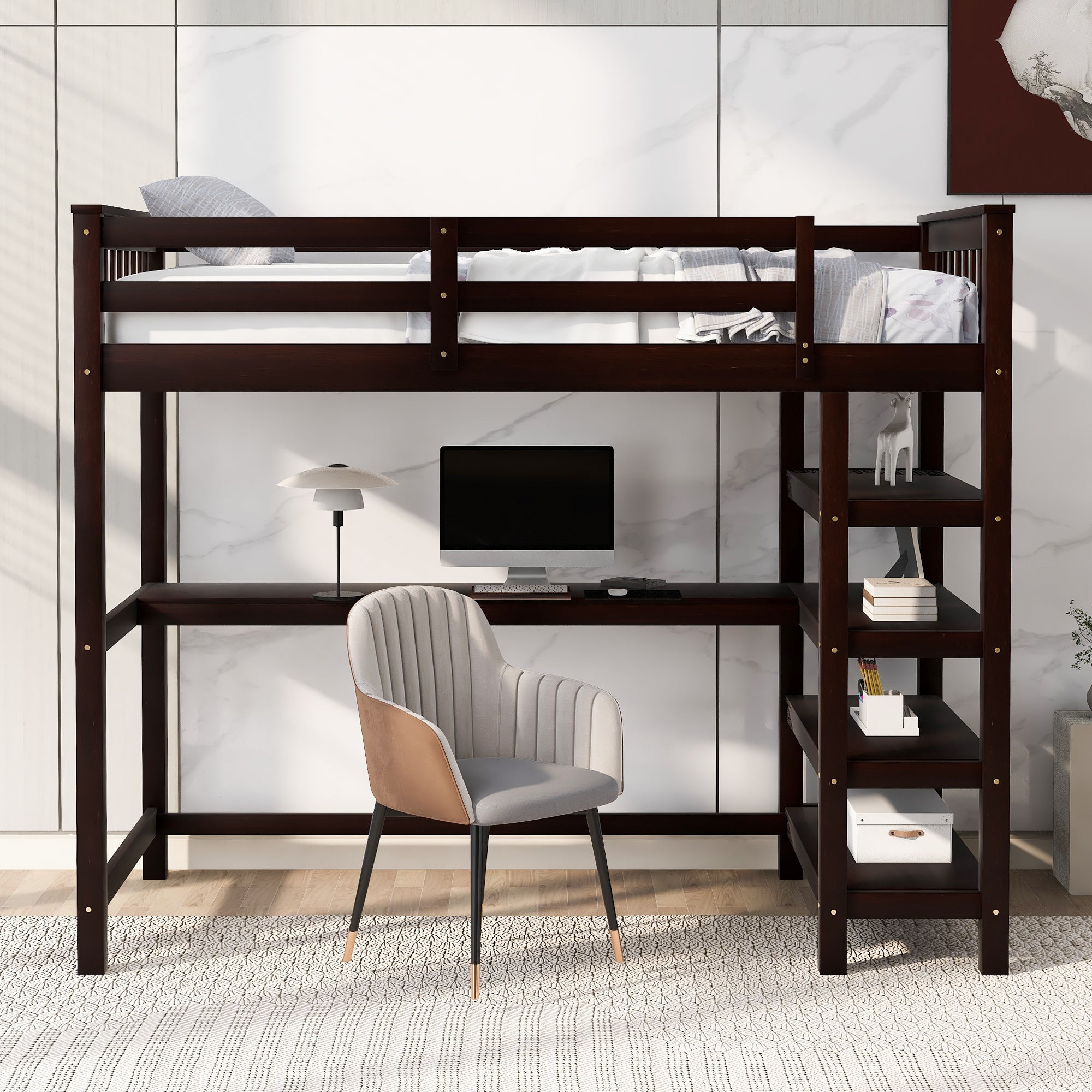 Espresso Twin Size Loft Bed with Storage Shelves and Un - View 5