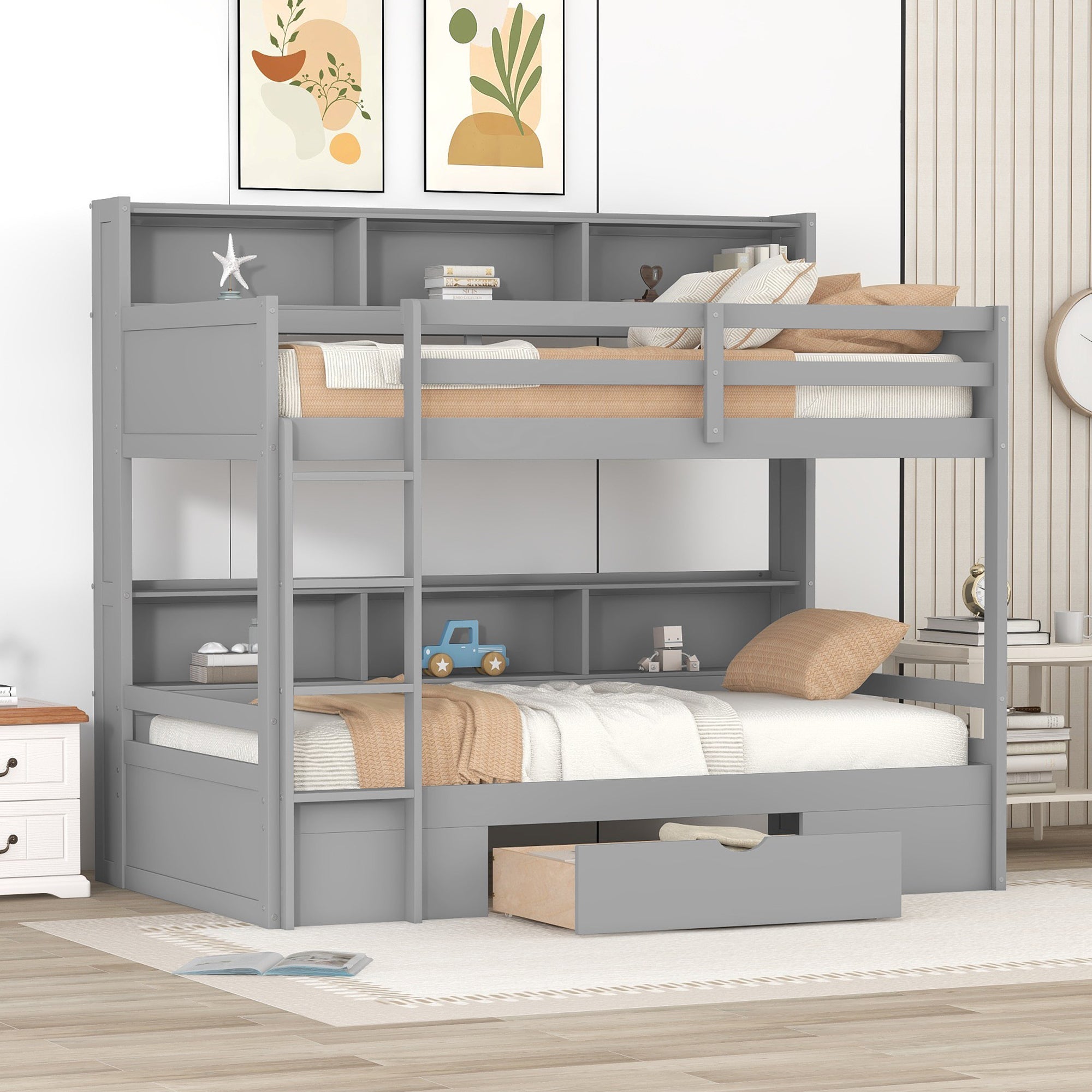 Carolee Twin Bunk Bed with Shelves and Drawer, Grey - View 3