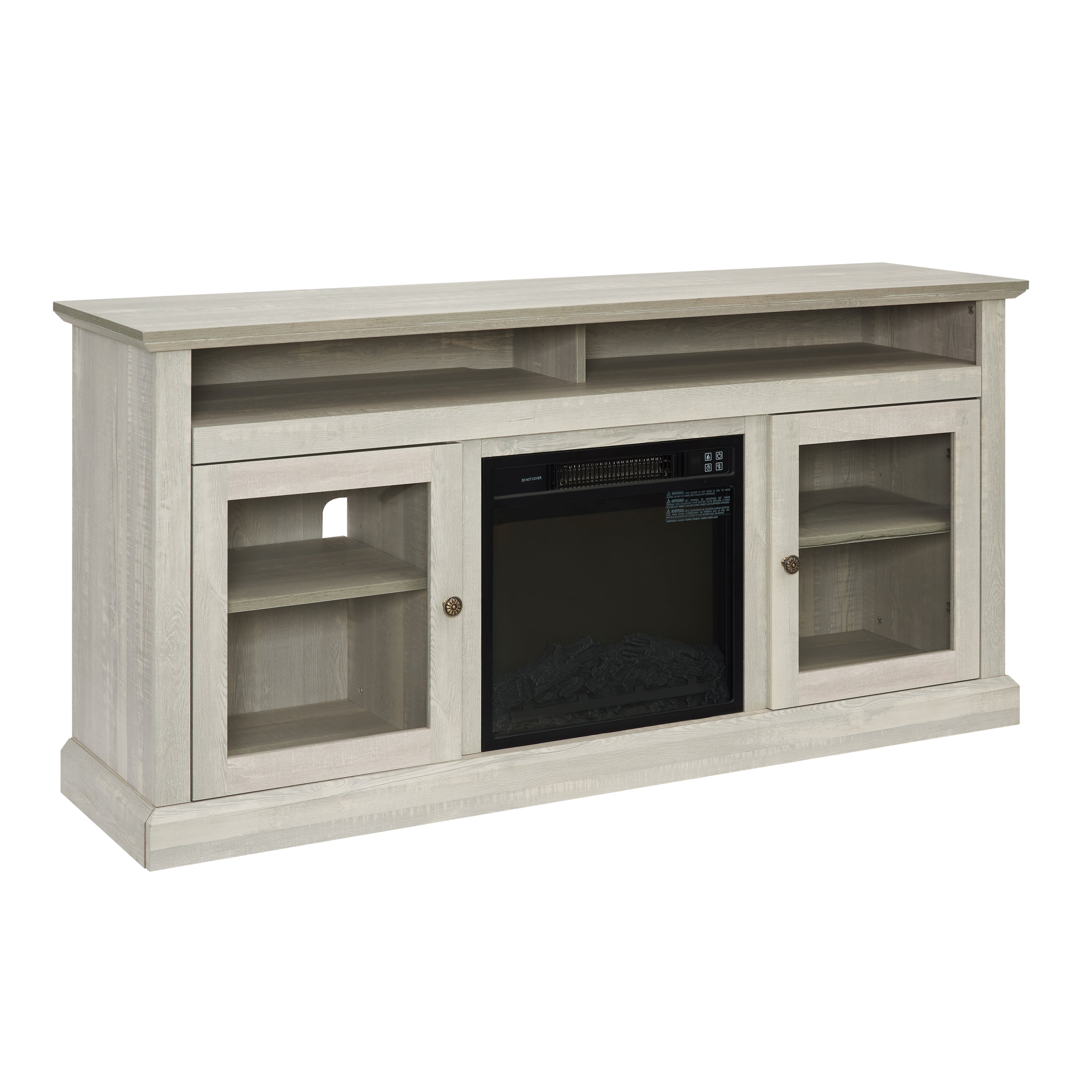 Modern light wood TV stand with glass doors, open shelves, and built-in electric fireplace.
