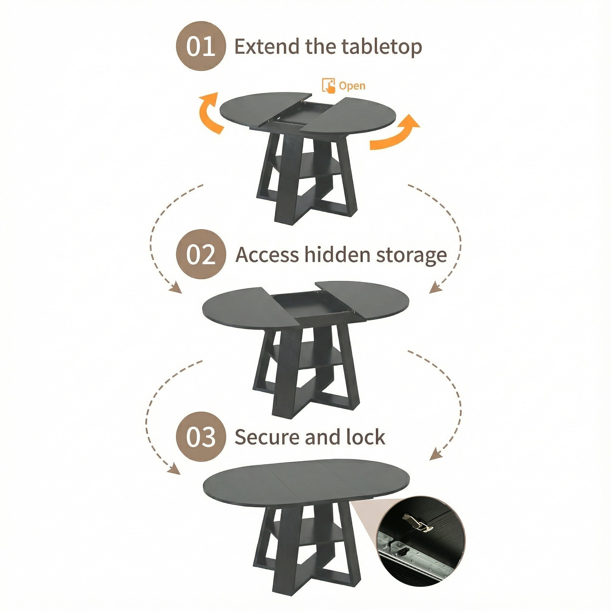 black 43–59″ Extendable Oval Dining Table with Storage Shelf - dimensions and size perspective