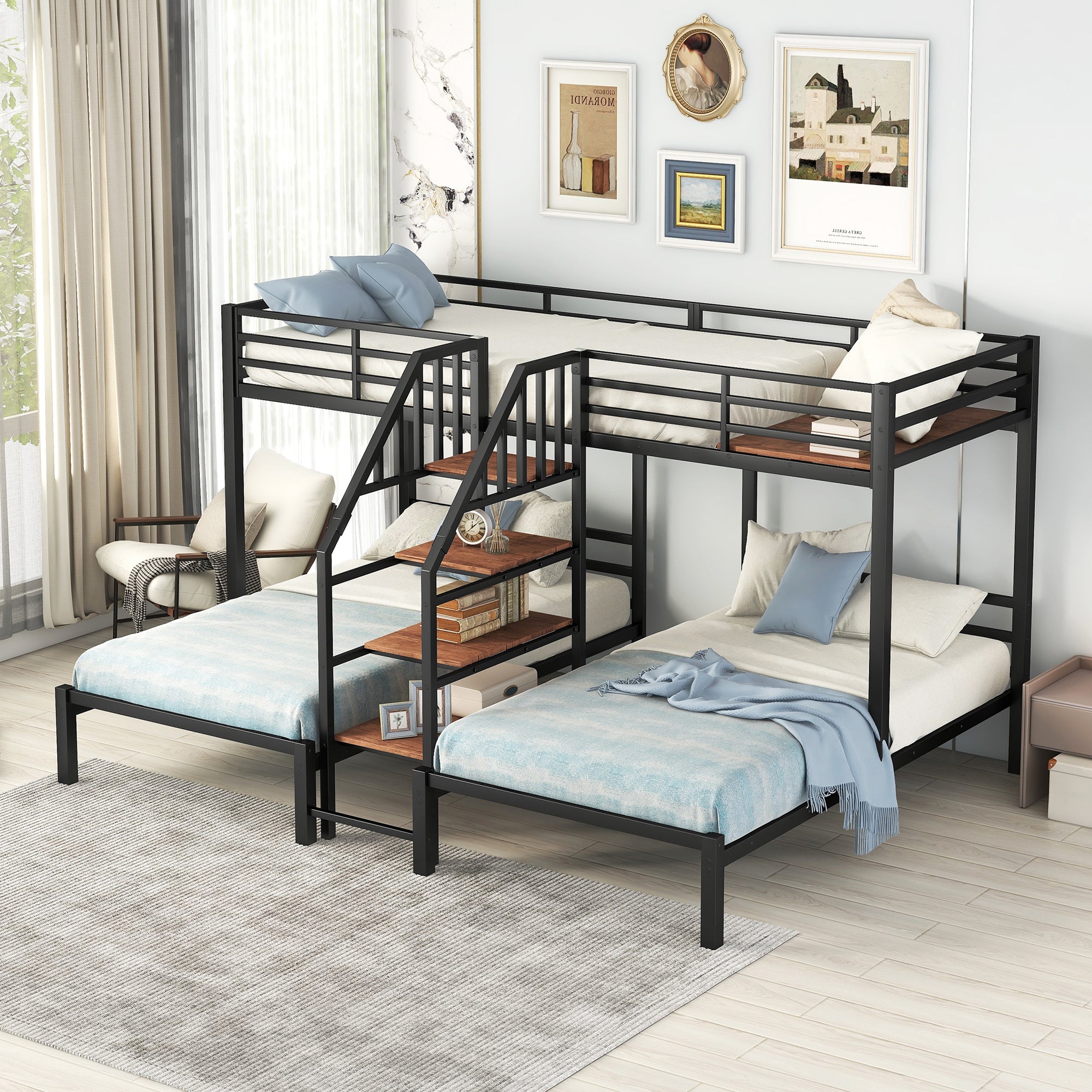 Black Metal Triple Twin Bunk Bed with Storage Shelves a