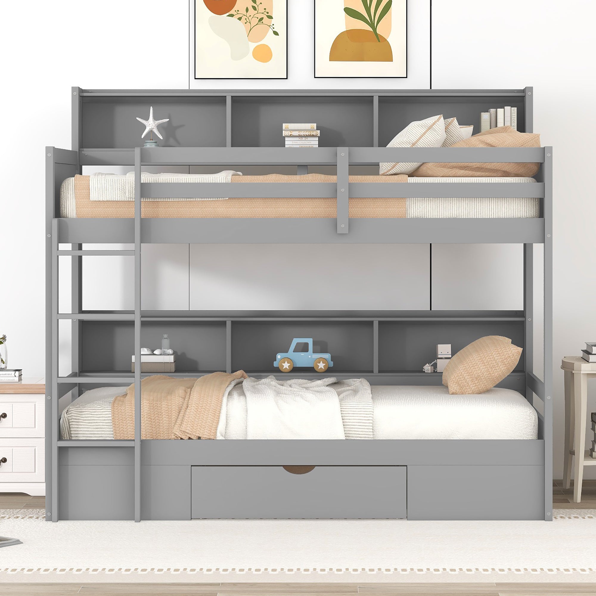 Carolee Twin Bunk Bed with Shelves and Drawer, Grey
