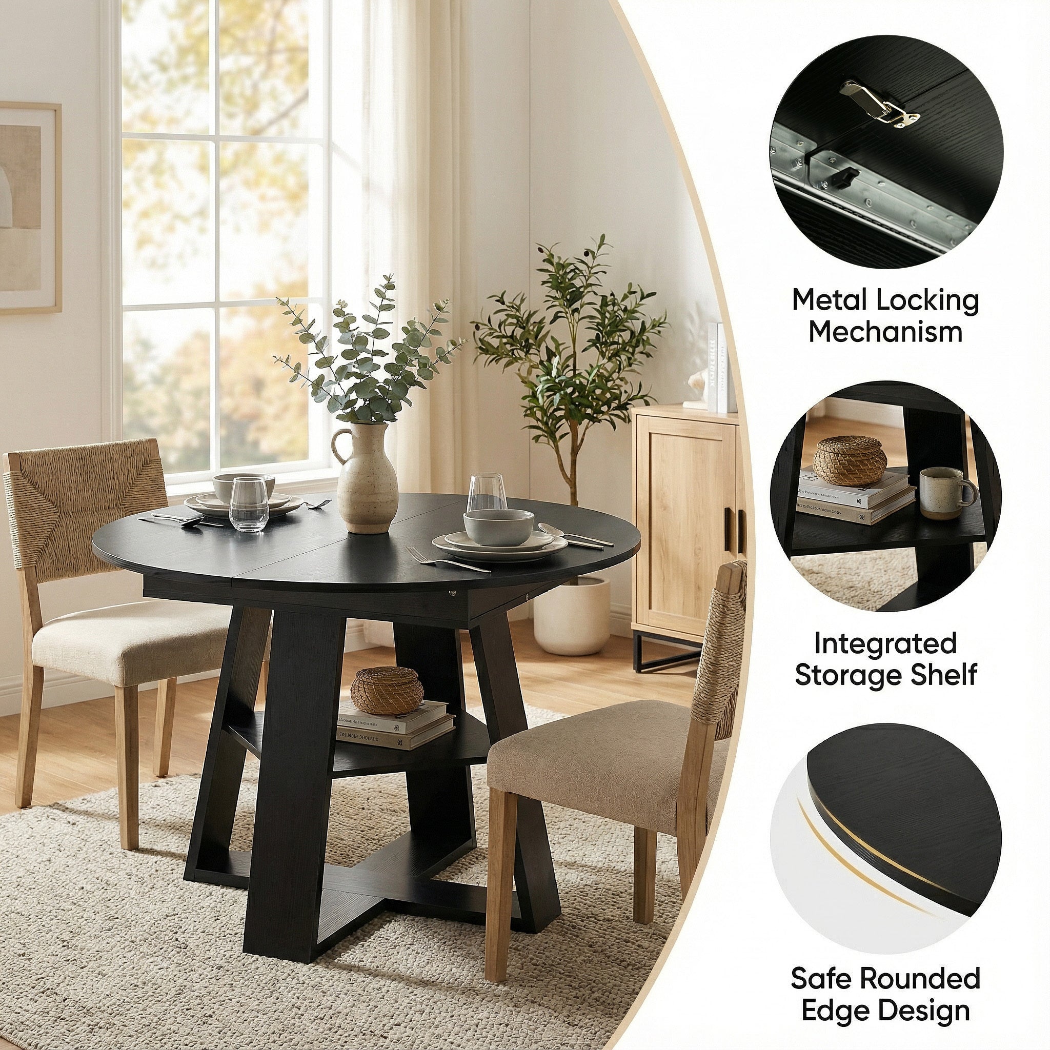 black 43–59″ Extendable Oval Dining Table with Storage Shelf - back view showing full design