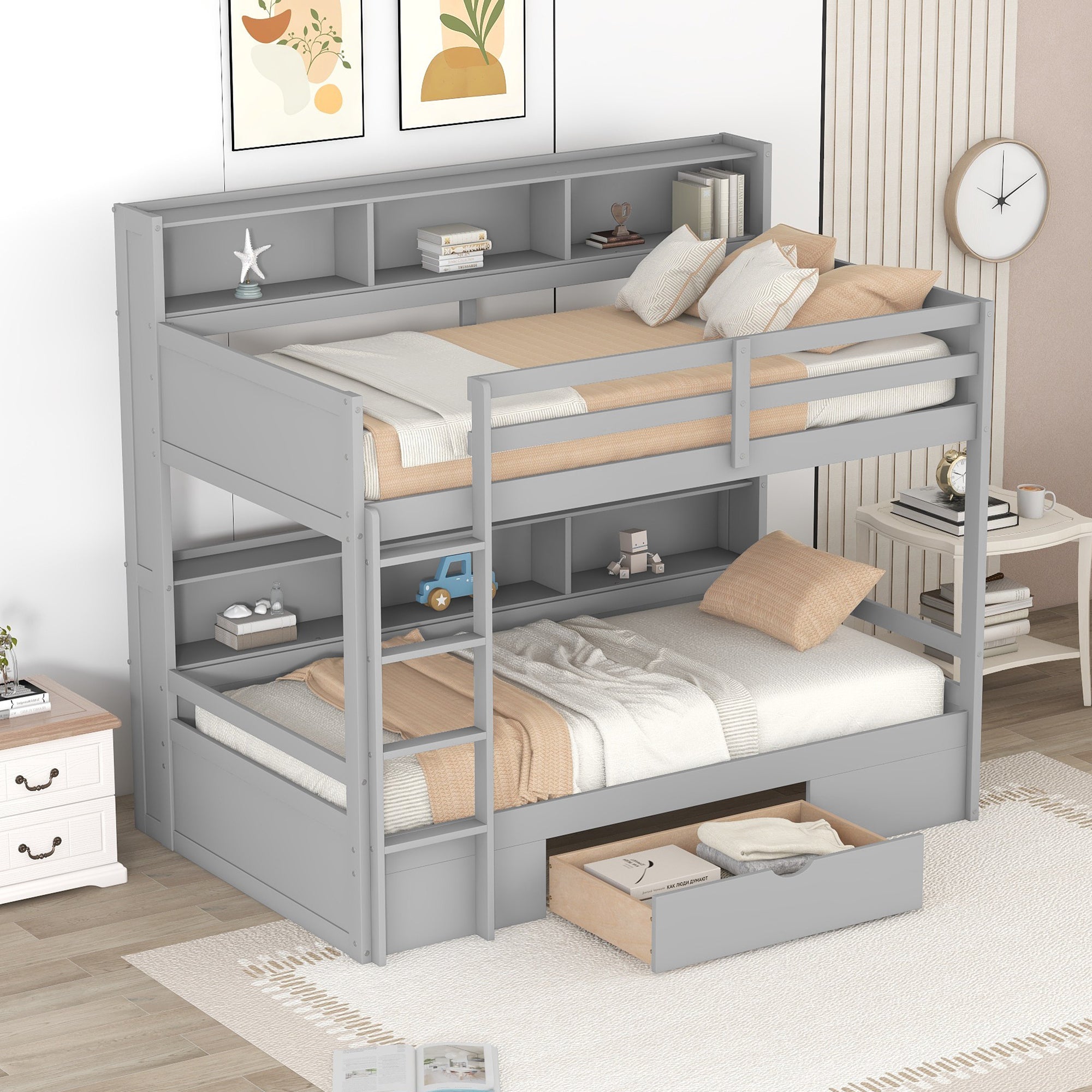 Carolee Twin Bunk Bed with Shelves and Drawer, Grey - View 2