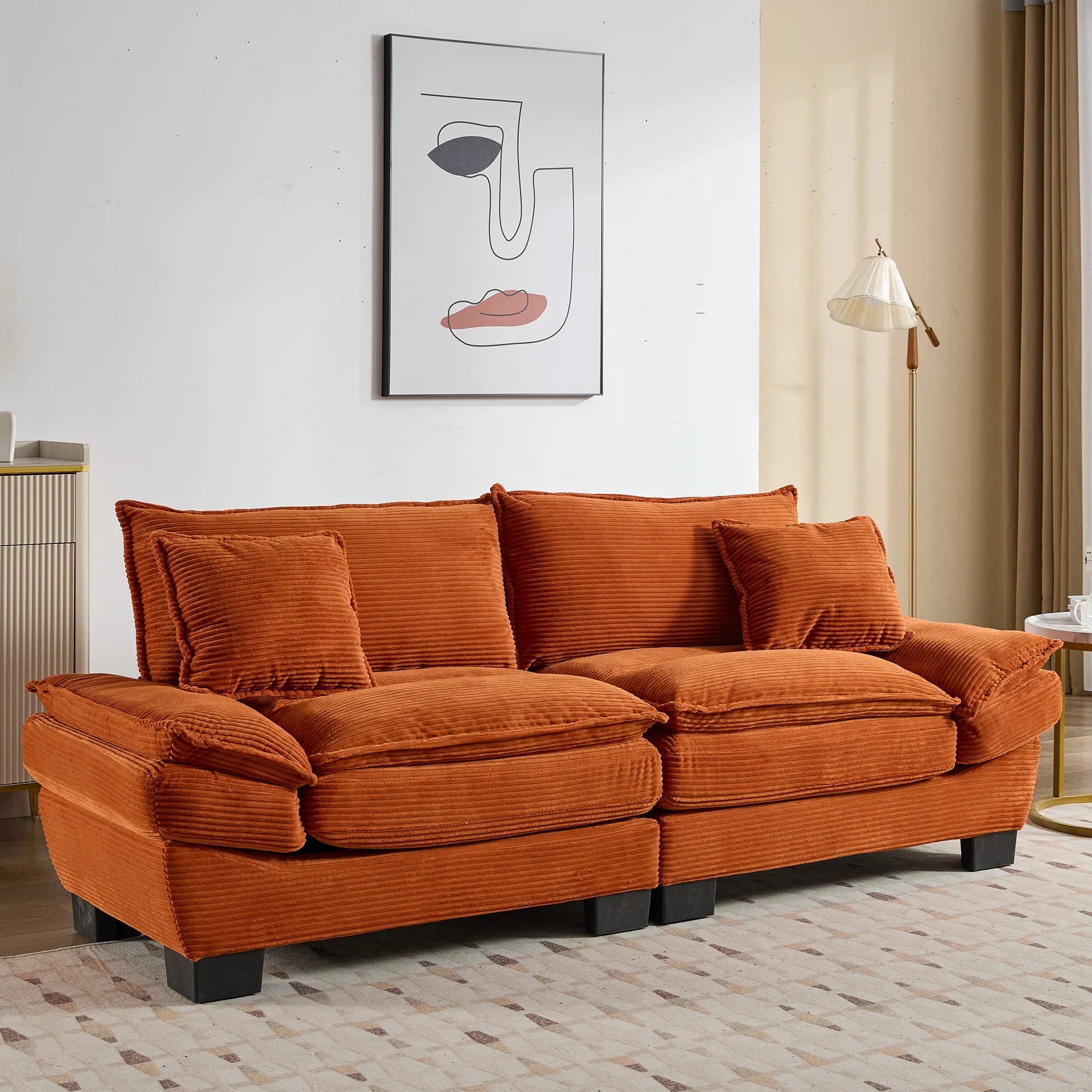 Modern orange chenille sofa with plush cushions in contemporary living room setting