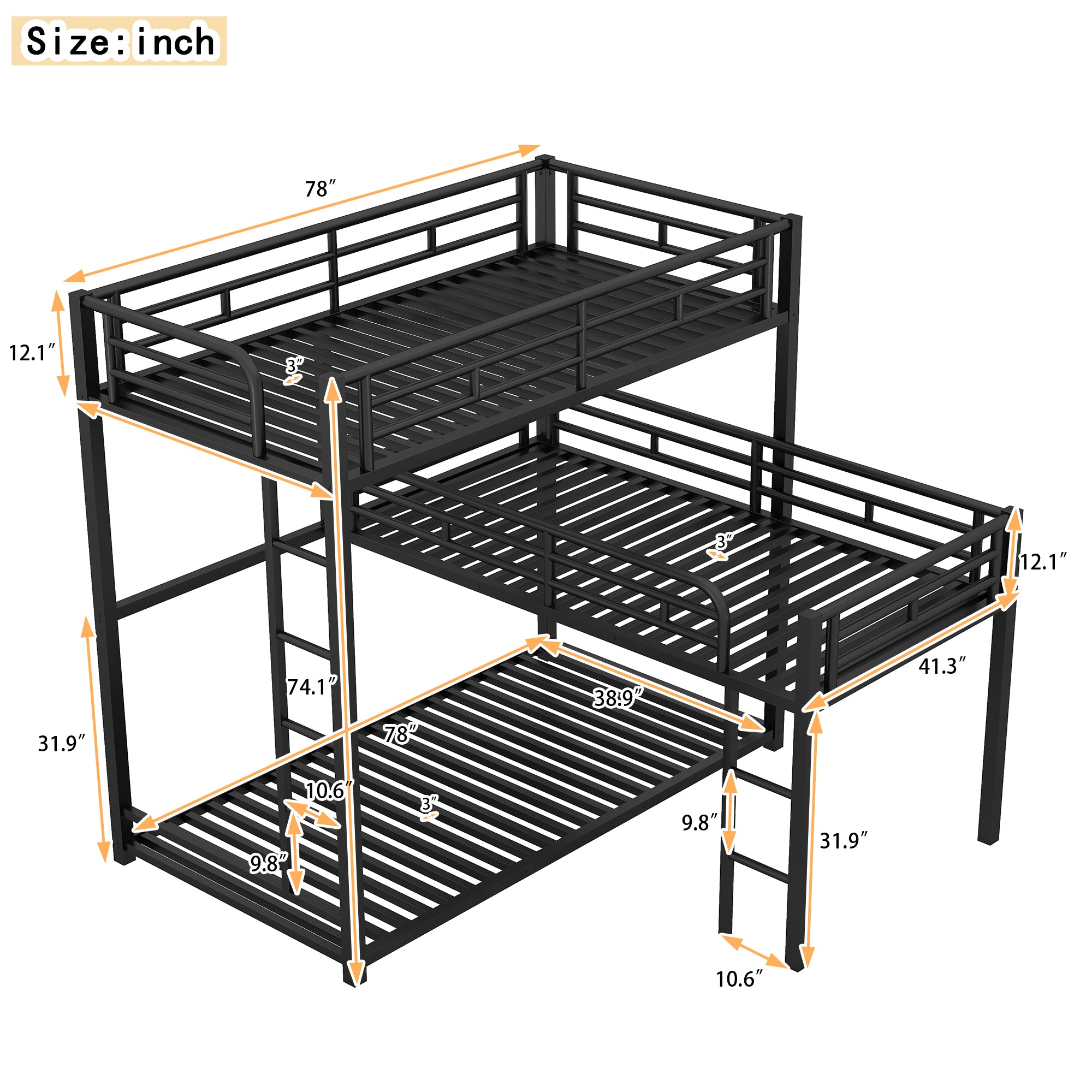 L-shaped Metal Triple Twin Size Bunk Bed, Black - View 3