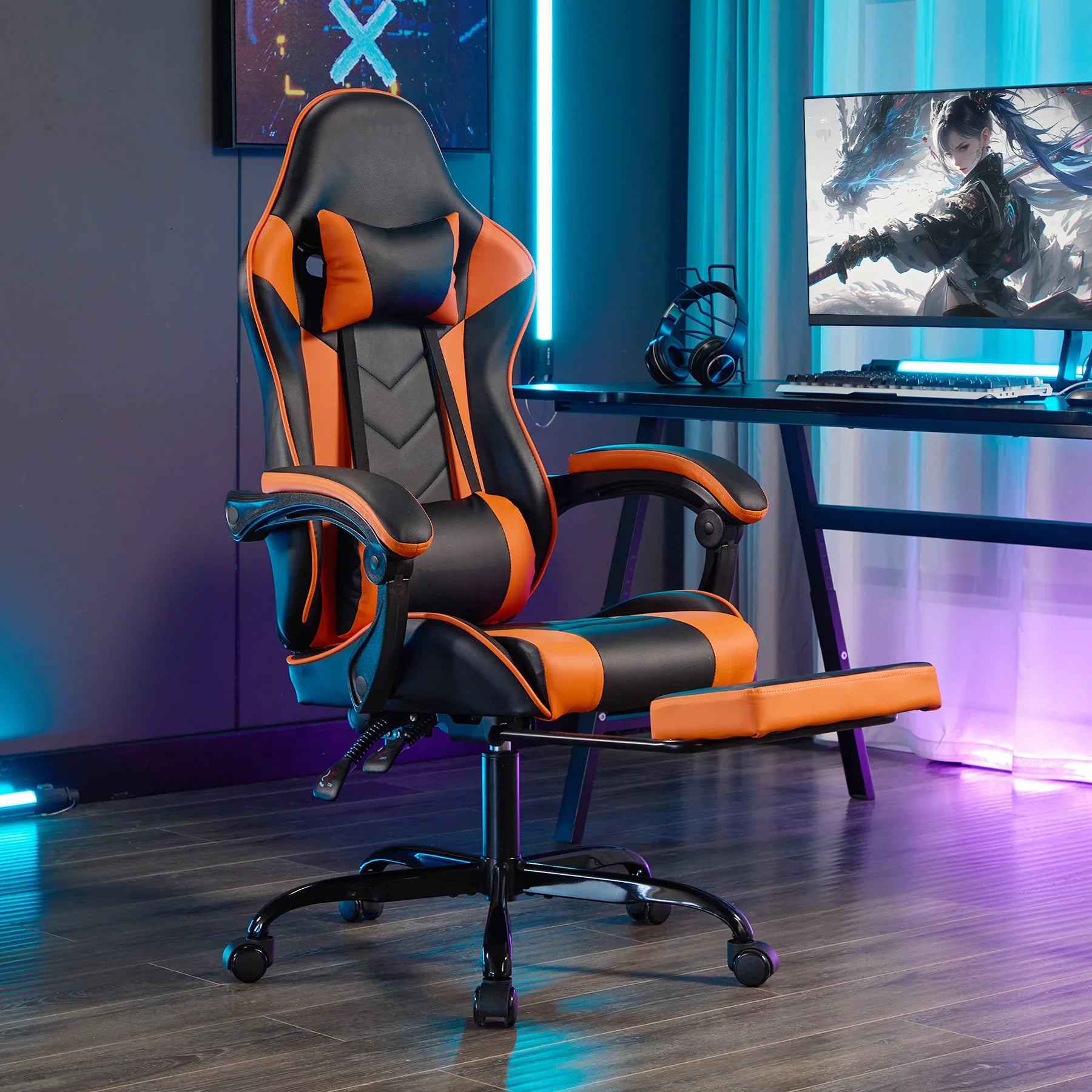 Ergonomic orange and black gaming chair with headrest and footrest in modern gaming setup
