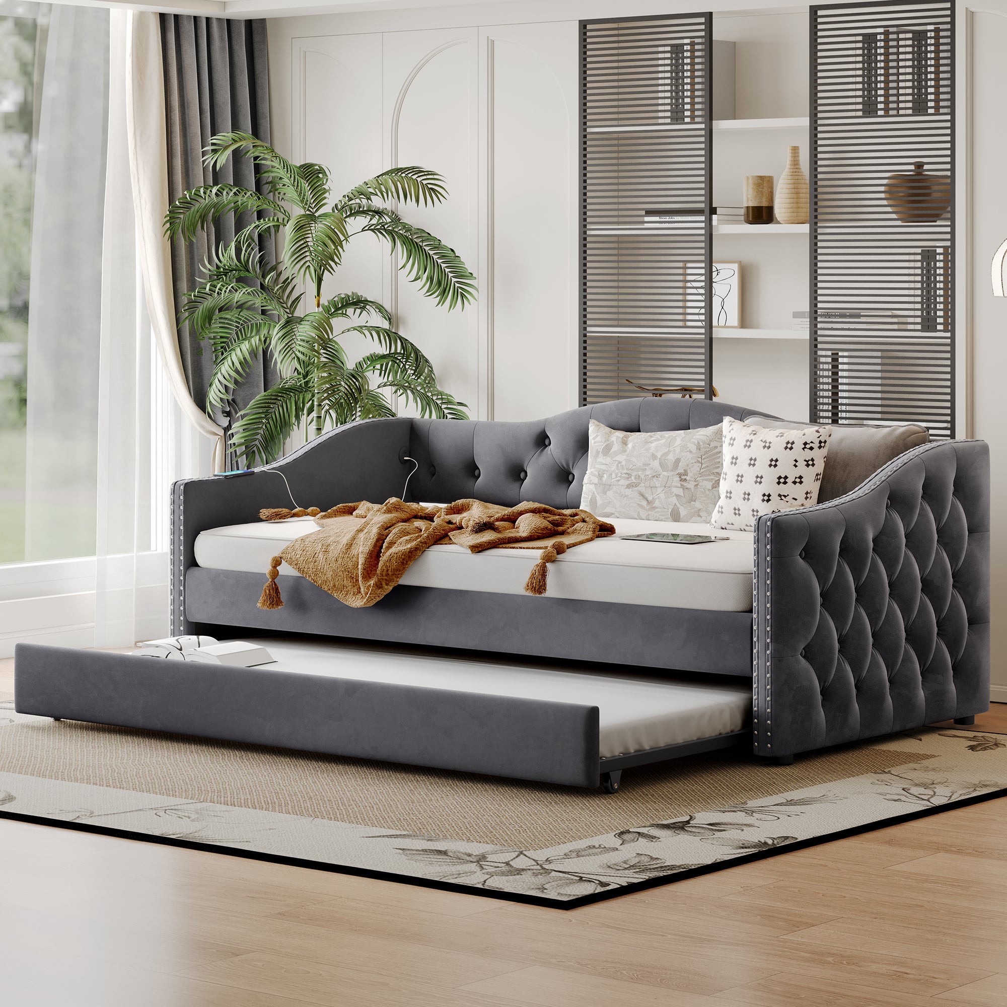 Twin Size Upholstered Daybed with Trundle and USB Charging Design