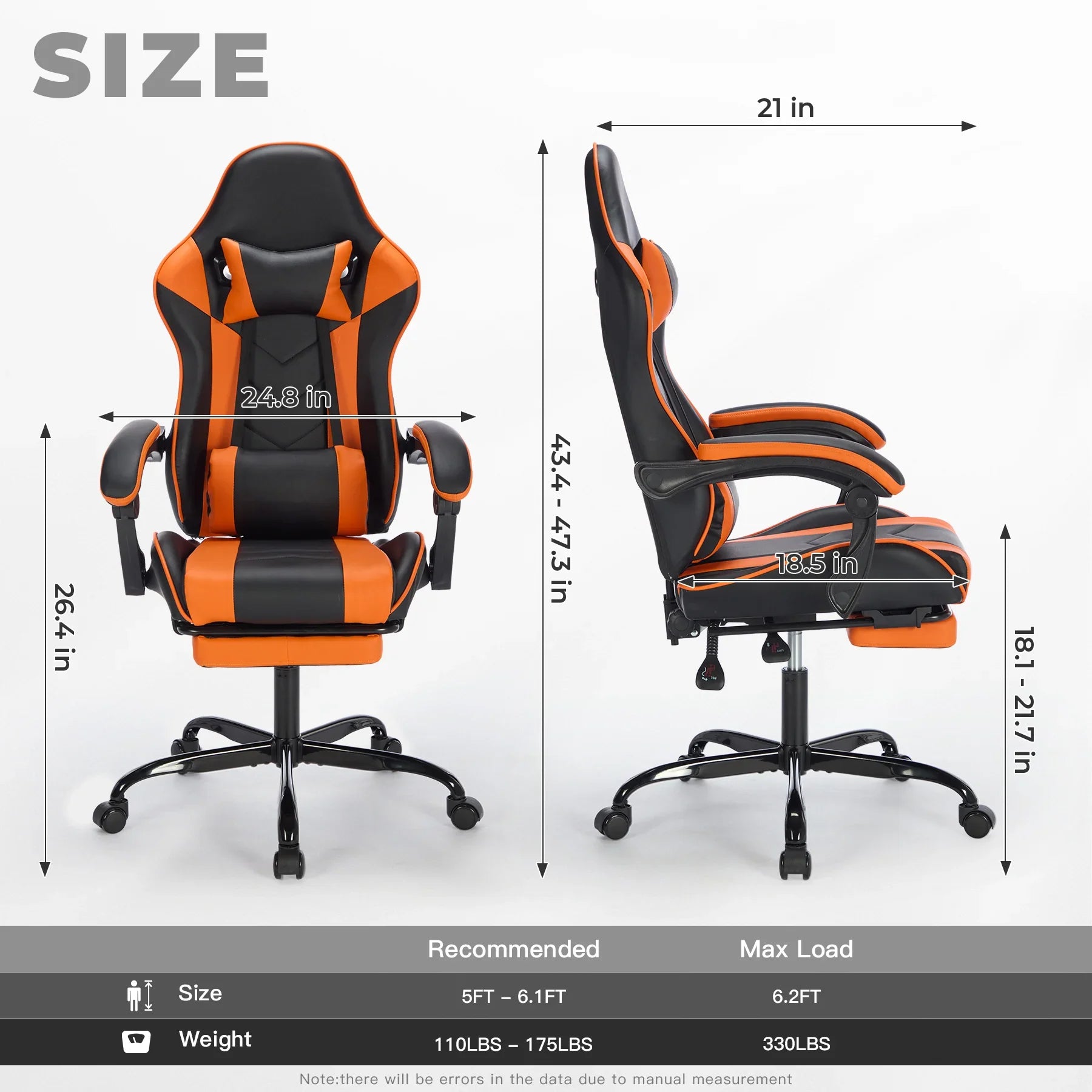 Ergonomic orange and black gaming chair with adjustable height and detailed size dimensions.