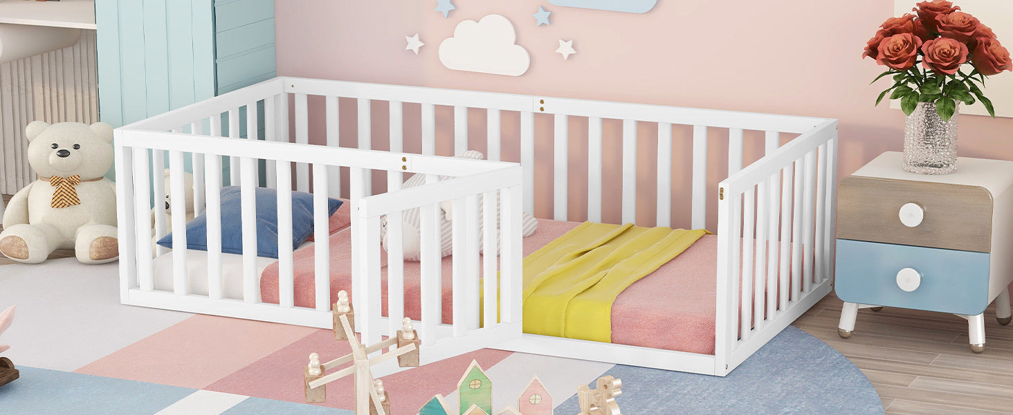 Twin Wood Floor Bed Frame with Fence and Door - View 3