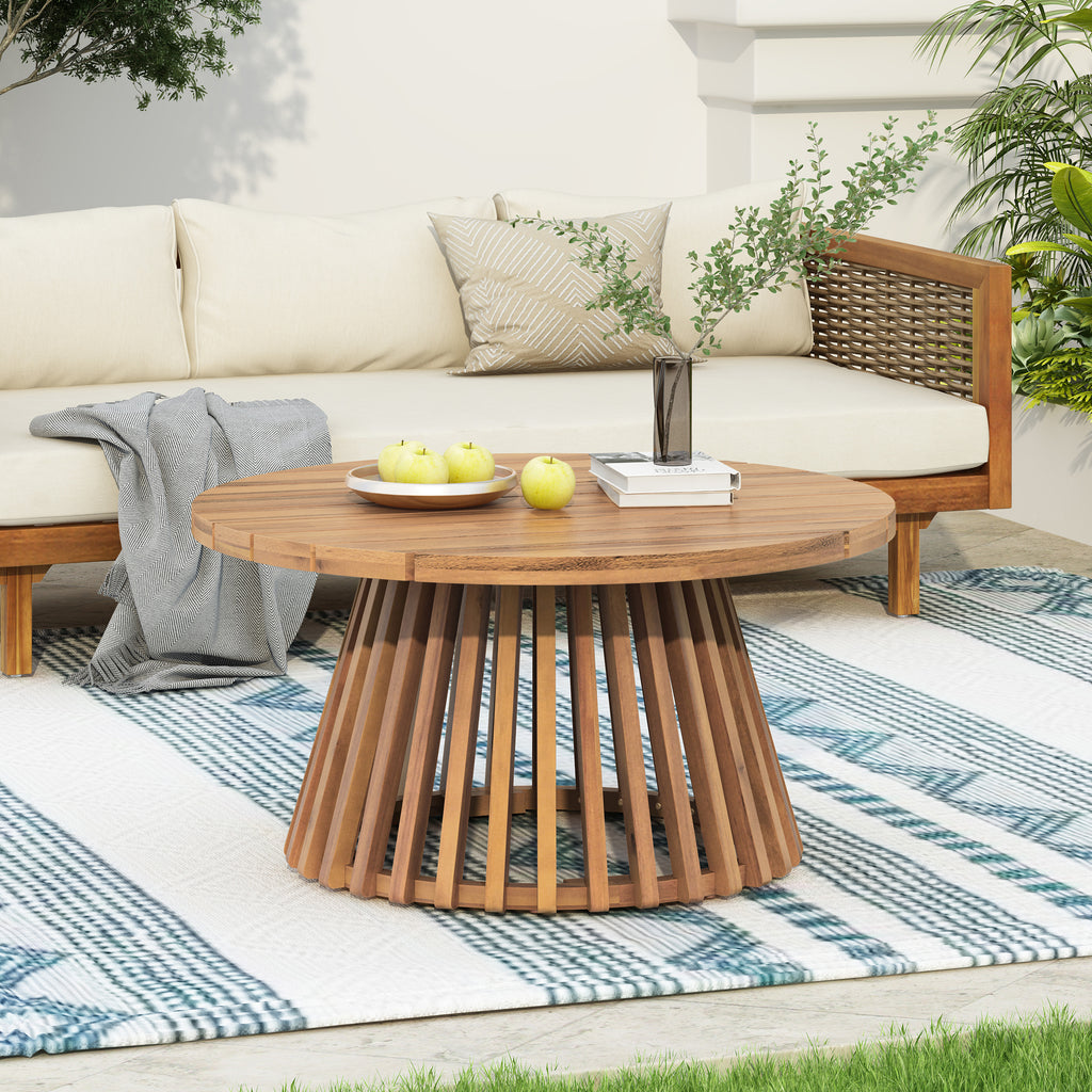 Acacia Wood Patio Coffee Table - angle view showing design details