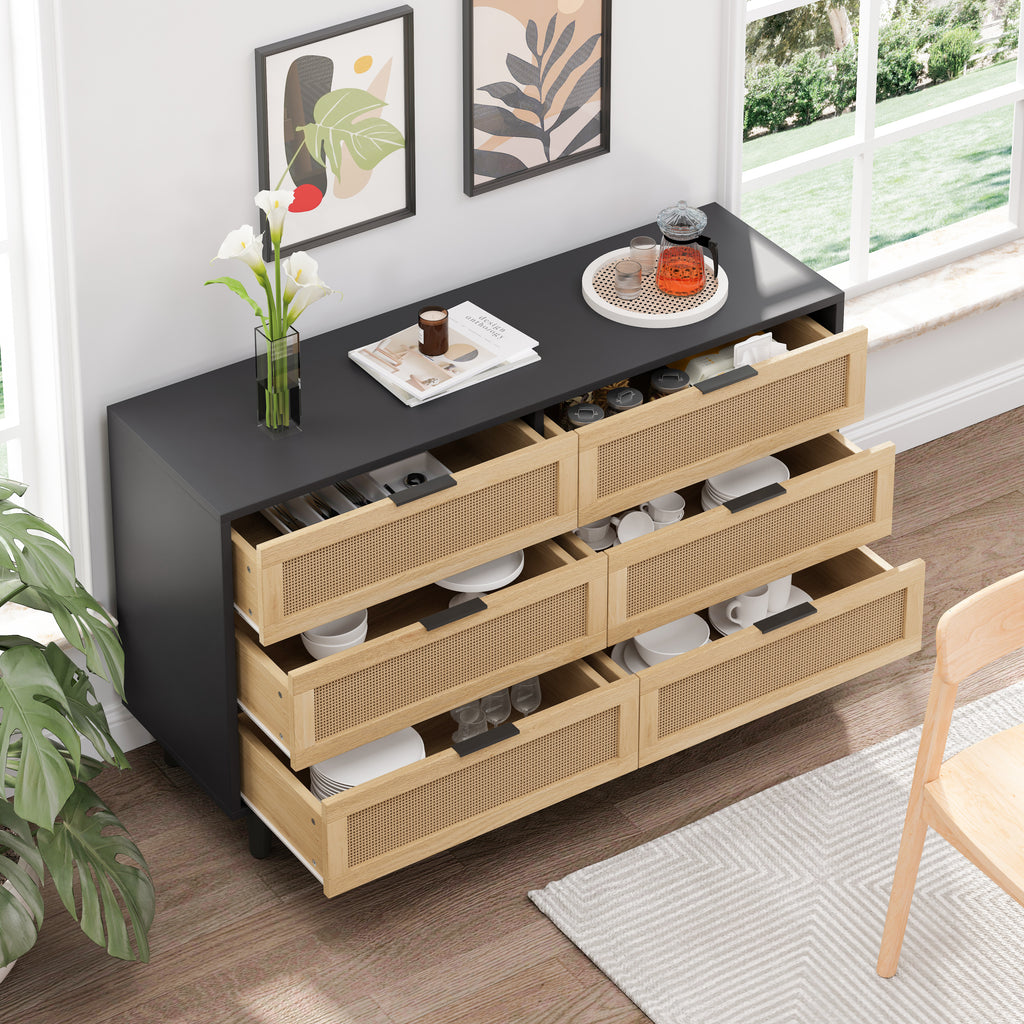 black 51″ Black Rattan 6‑Drawer Storage Cabinet - angle view showing design details
