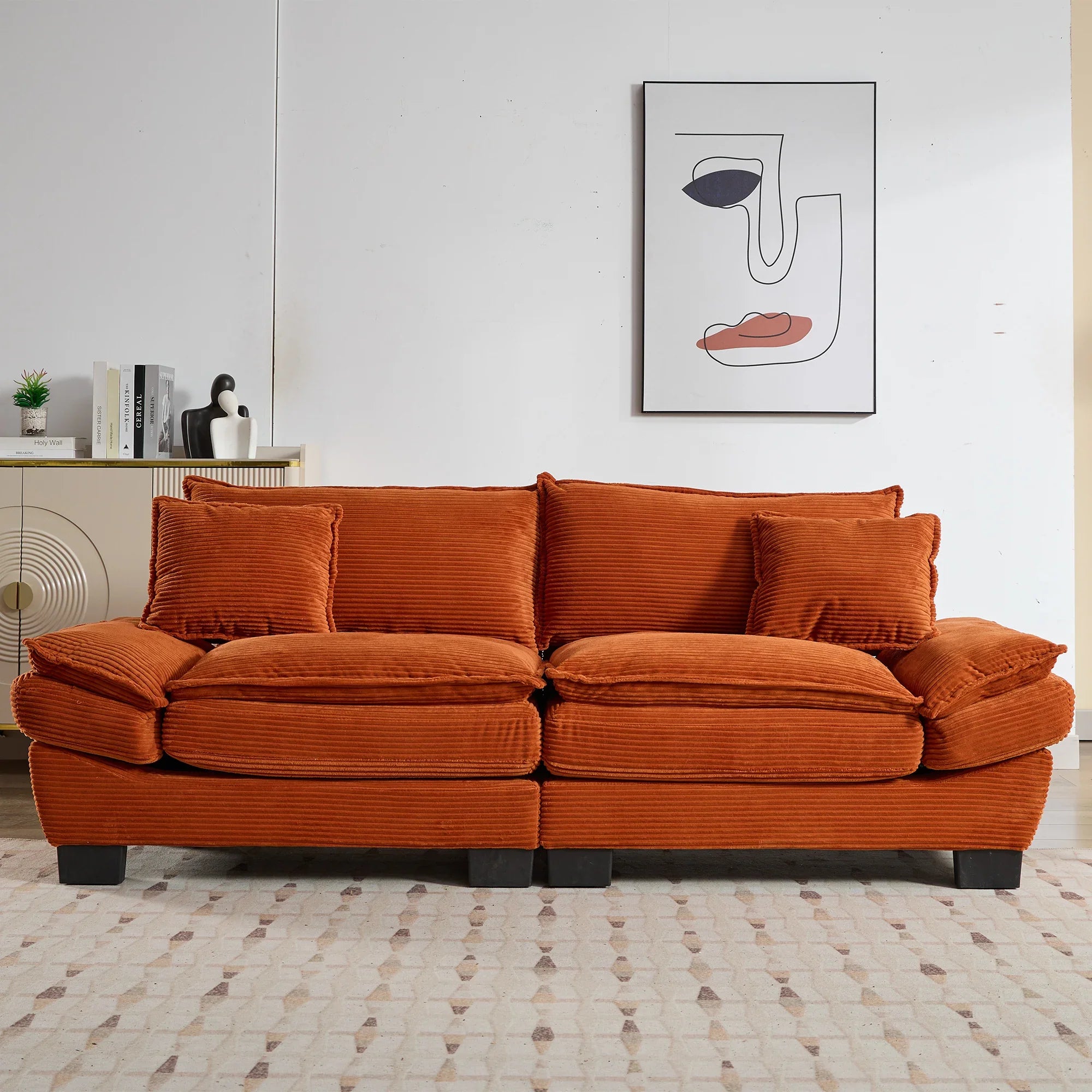 Modern orange chenille sectional sofa with plush cushions in contemporary living room