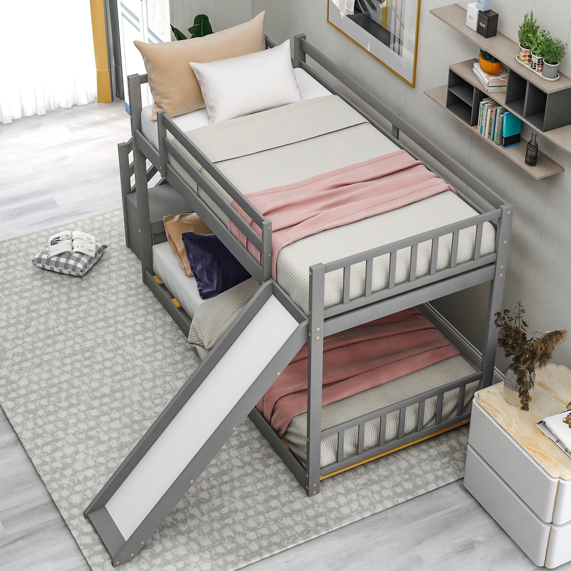 Gray Twin over Twin Bunk Bed with Convertible Slide and - View 3
