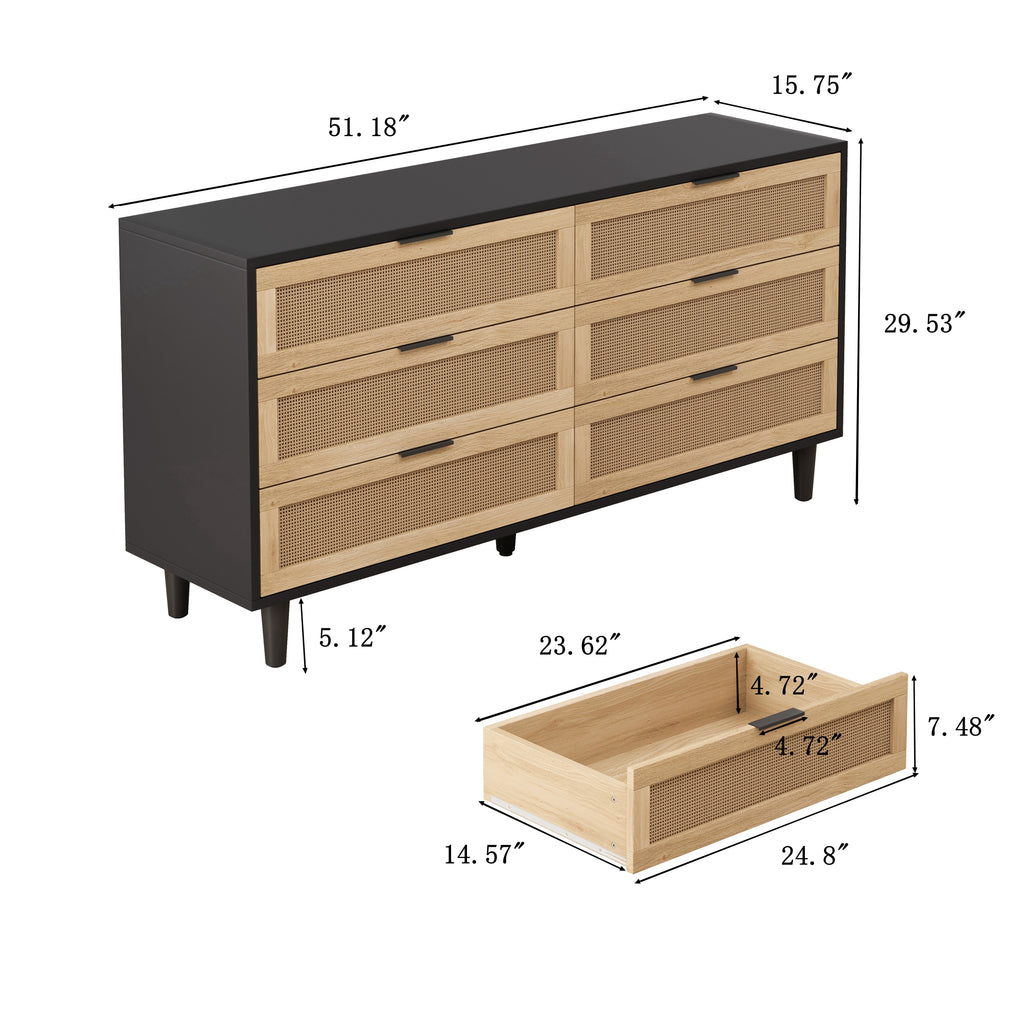 black 51″ Black Rattan 6‑Drawer Storage Cabinet - detail view of construction quality