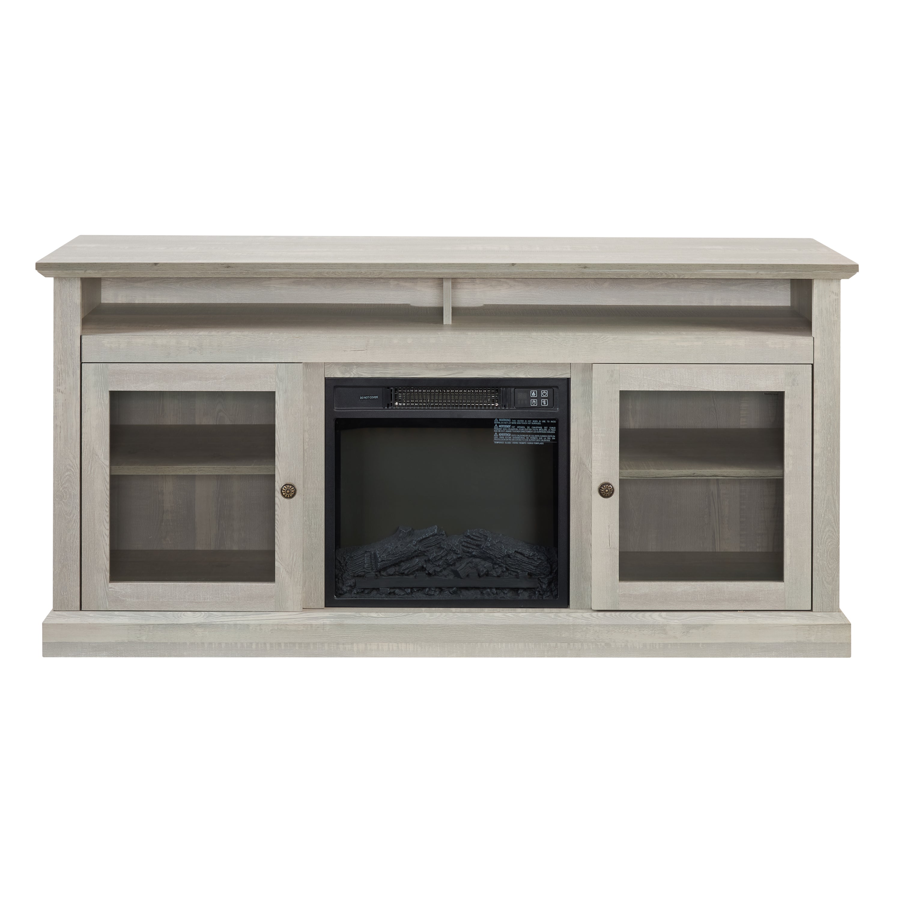 Modern light wood TV stand with glass cabinet doors and built-in electric fireplace