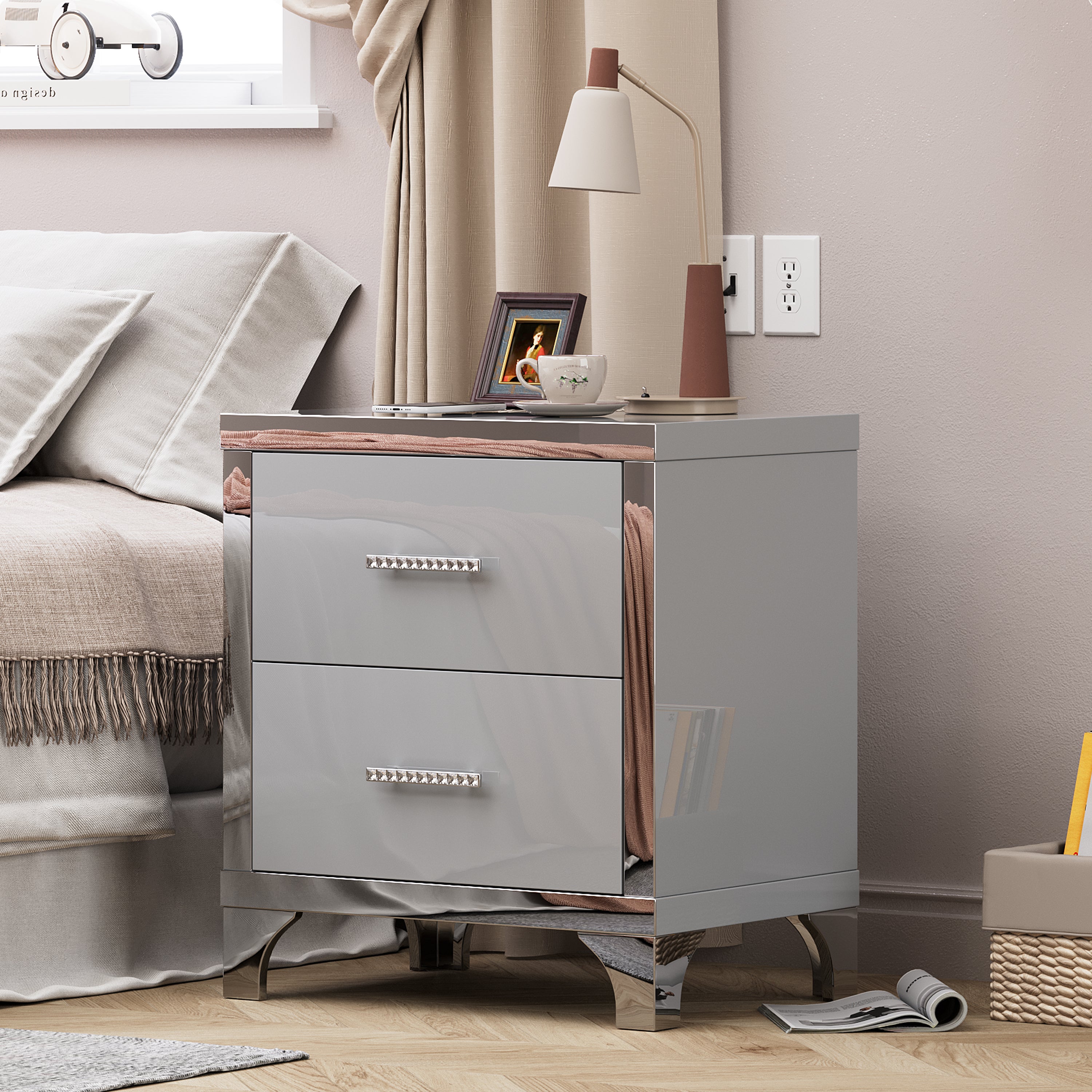 Gray High‑Gloss Mirrored Nightstand with 2 Drawers
