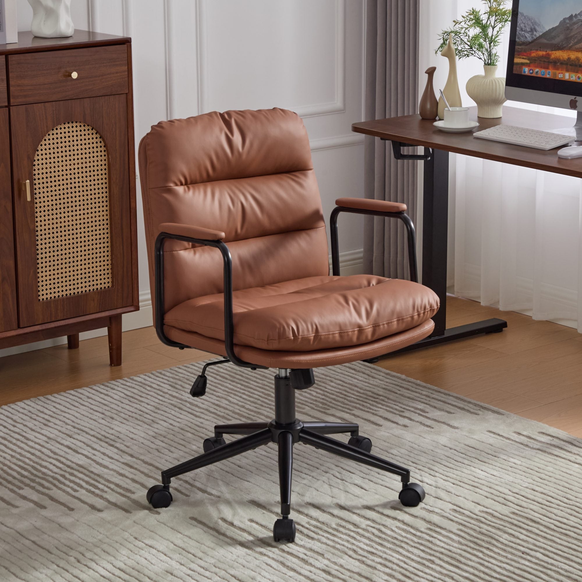 Brown Mid‑Back PU Leather Office Chair with Wheels