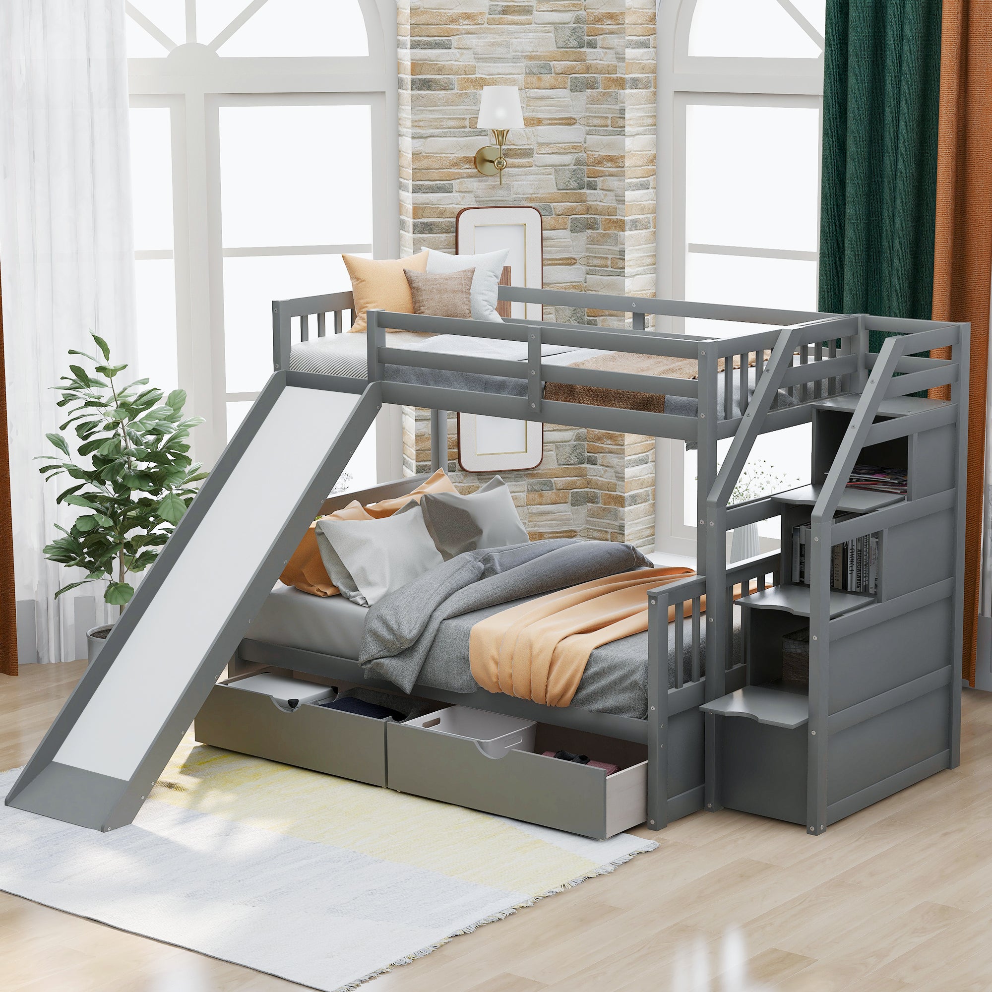 Gray Twin over Full Bunk Bed with Drawers, Storage and - Bunk Bed from Calivell