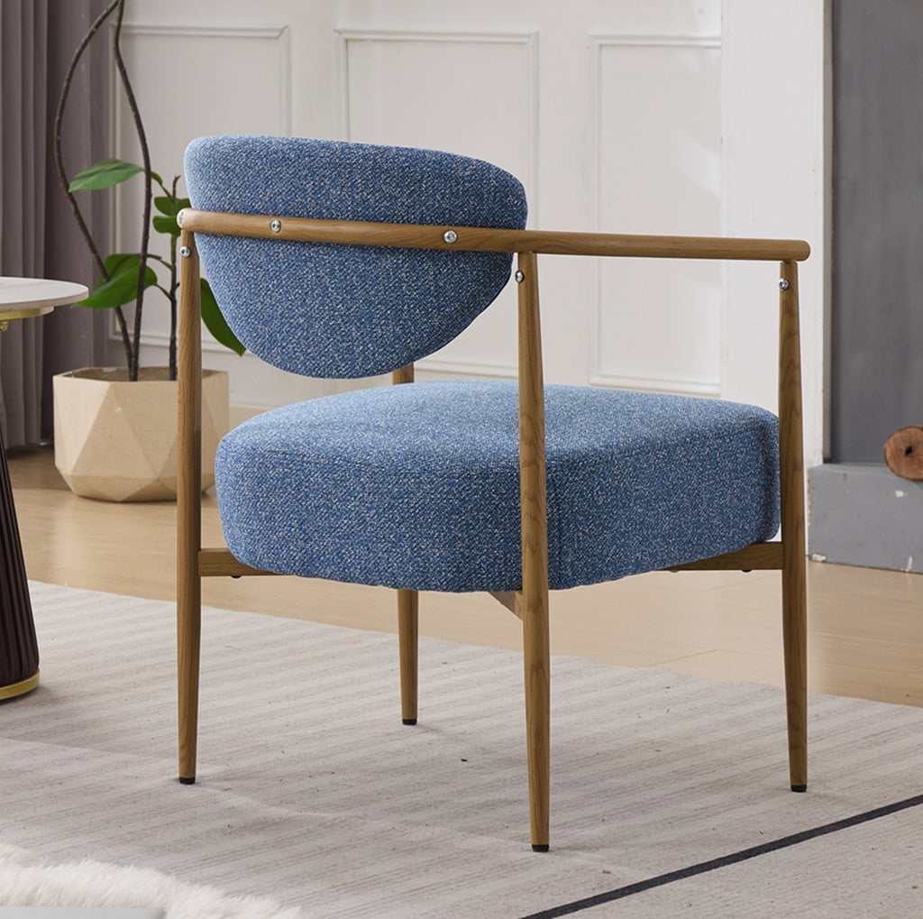 blue Blue Fabric Dining Chair with Wood‑Grain Metal Frame - lifestyle shot in styled dining room