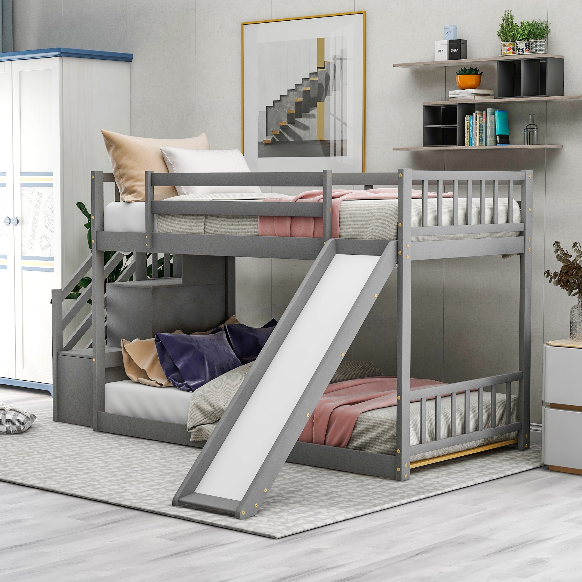 Gray Twin over Twin Bunk Bed with Convertible Slide and