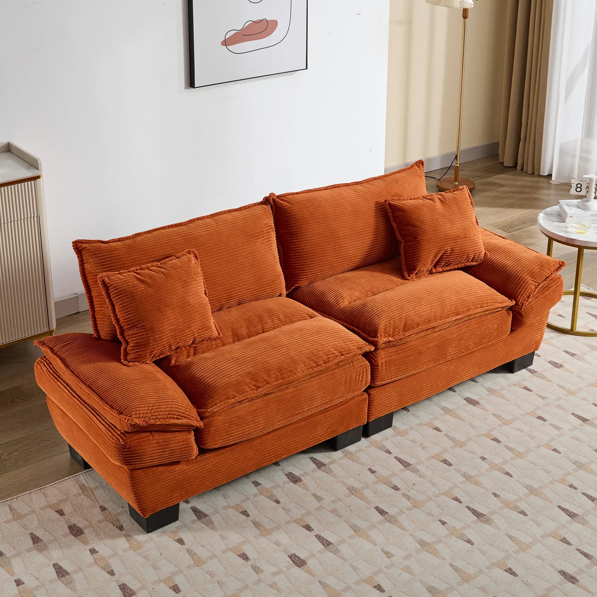 Modern orange chenille modular sofa with plush cushions in a stylish living room setting